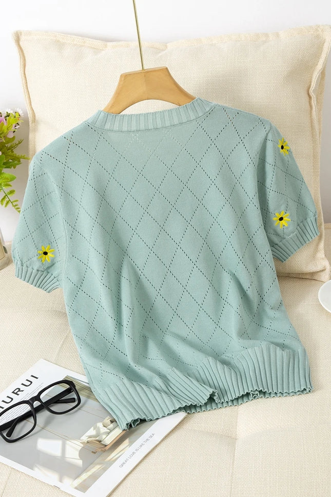 Striped Floral Embroidered Slim-Fit T-Shirt