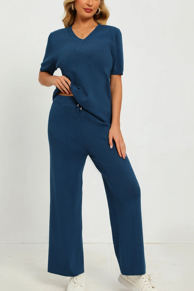 Two-Piece Knitted T-Shirt & Wide-Leg Pants Set