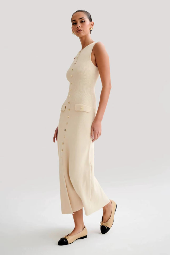 Sleeveless Button-Front Knit Maxi Dress