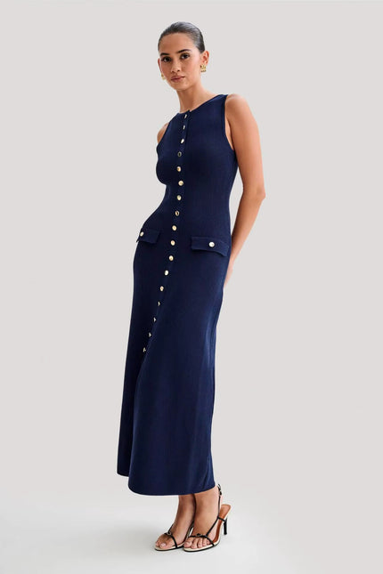 Sleeveless Button-Front Knit Maxi Dress