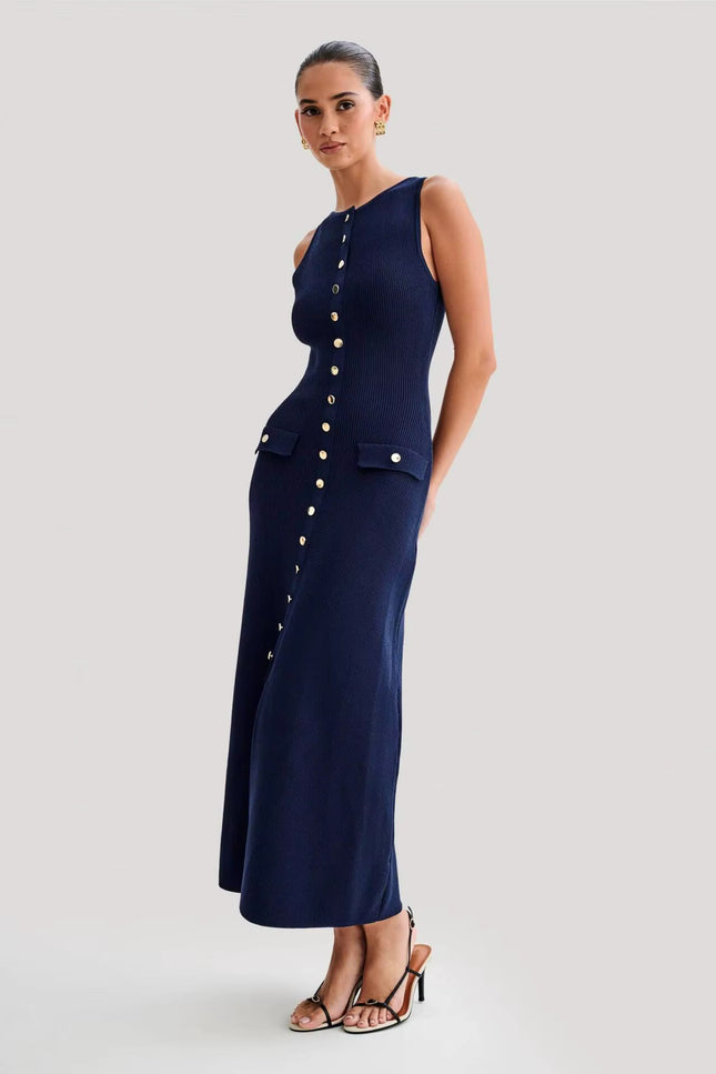 Sleeveless Button-Front Knit Maxi Dress