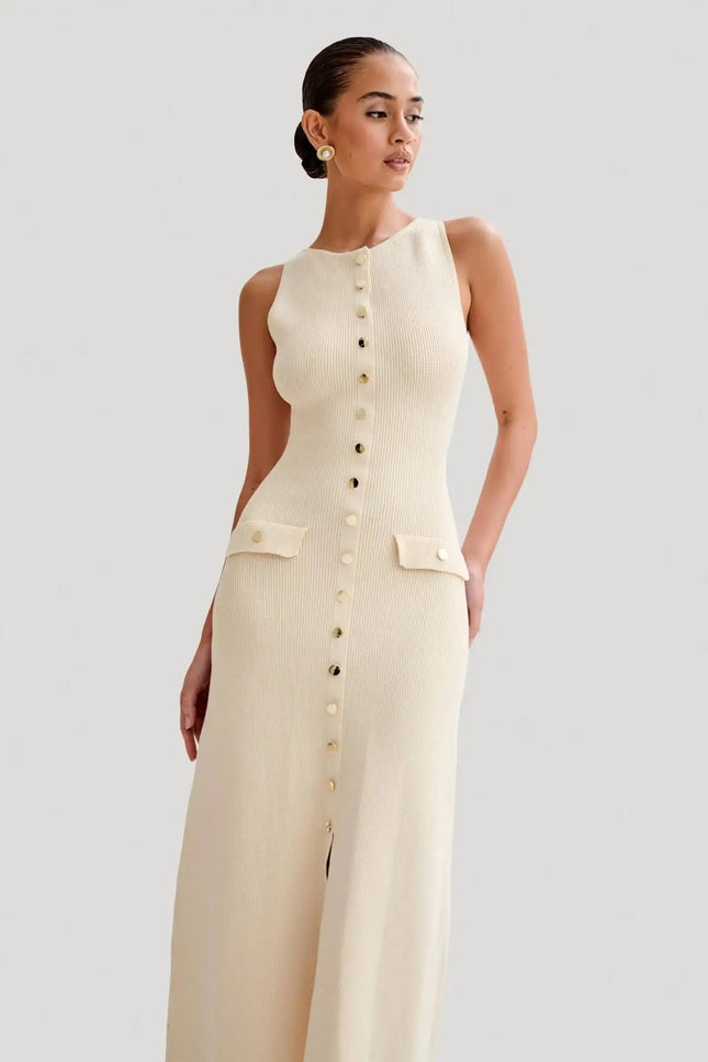 Sleeveless Button-Front Knit Maxi Dress