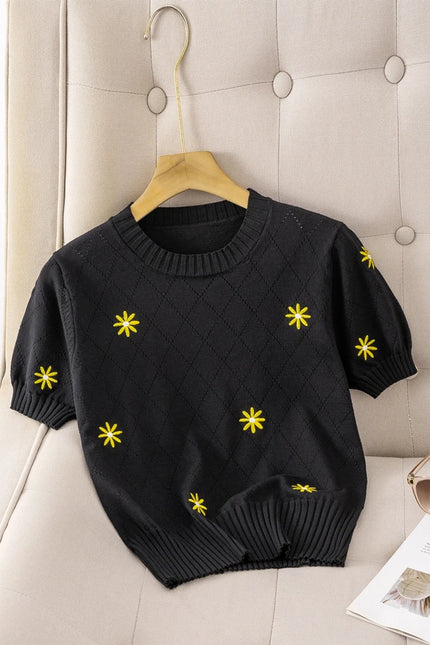 Striped Floral Embroidered Slim-Fit T-Shirt