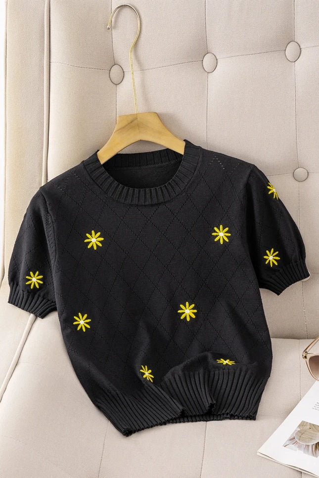 Striped Floral Embroidered Slim-Fit T-Shirt