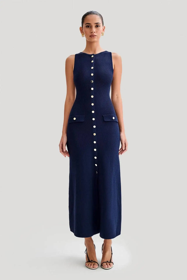 Sleeveless Button-Front Knit Maxi Dress