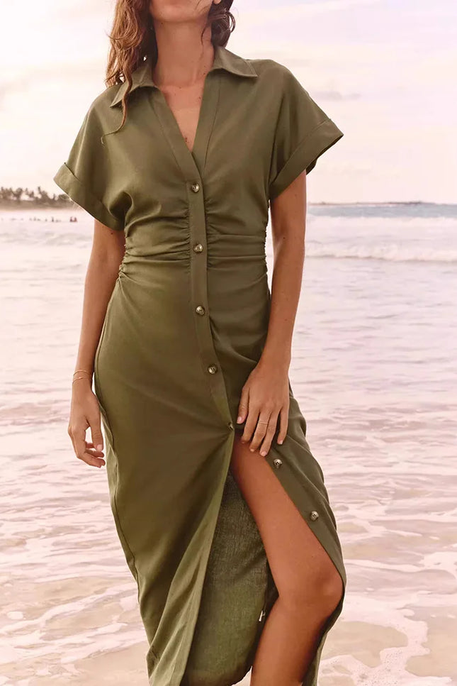 Button-Front Midi Dress