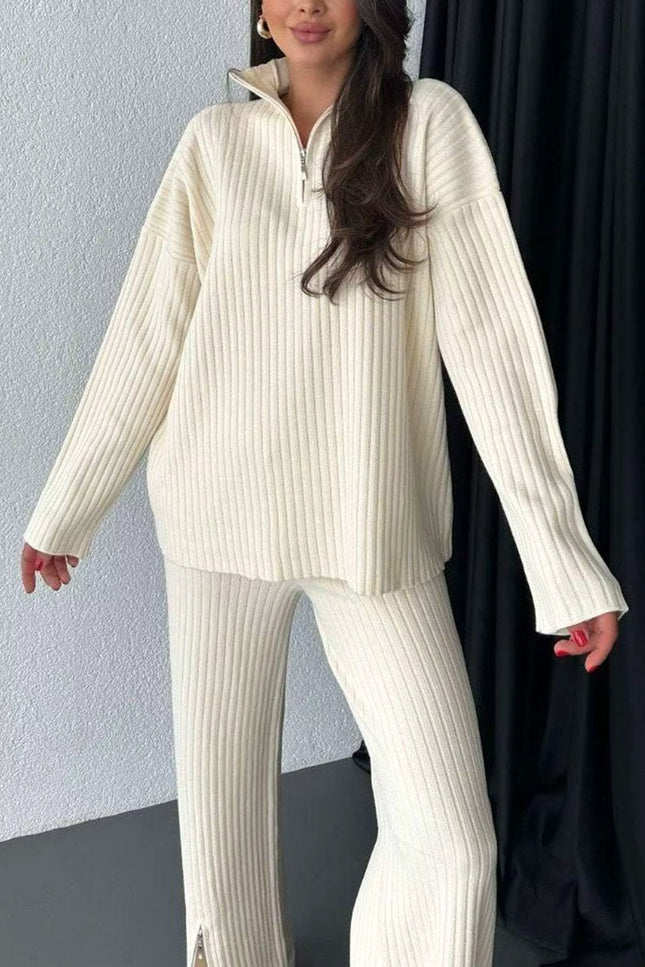 Ribbed Knit Two-Piece Set with Zipper Detail