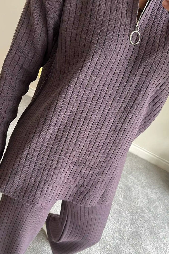 Ribbed Knit Two-Piece Set with Zipper Detail