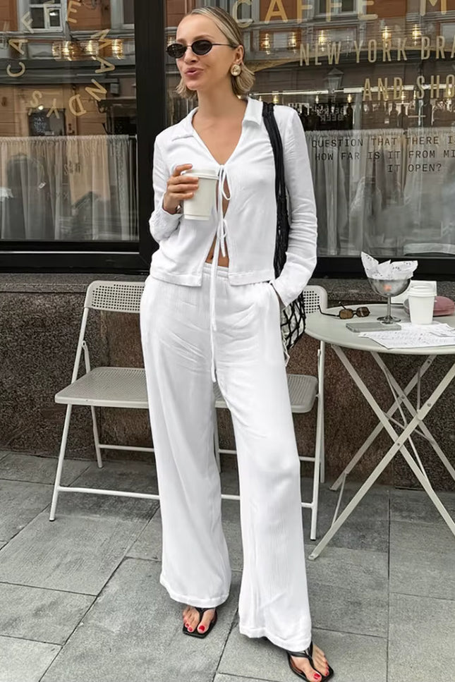 Lace-Up Shirt & Wide-Leg Pants Set