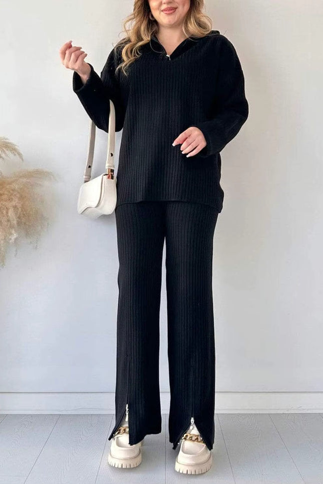 Ribbed Knit Two-Piece Set with Zipper Detail