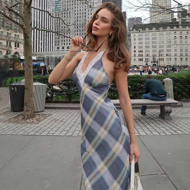 Lace Trim Plaid Maxi Dress