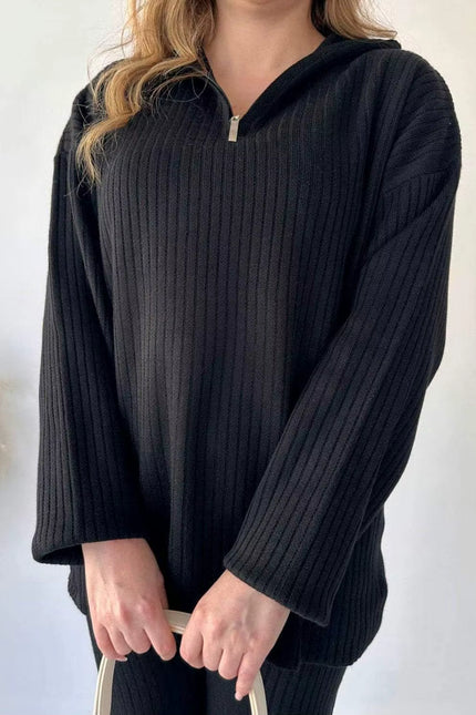 Ribbed Knit Two-Piece Set with Zipper Detail
