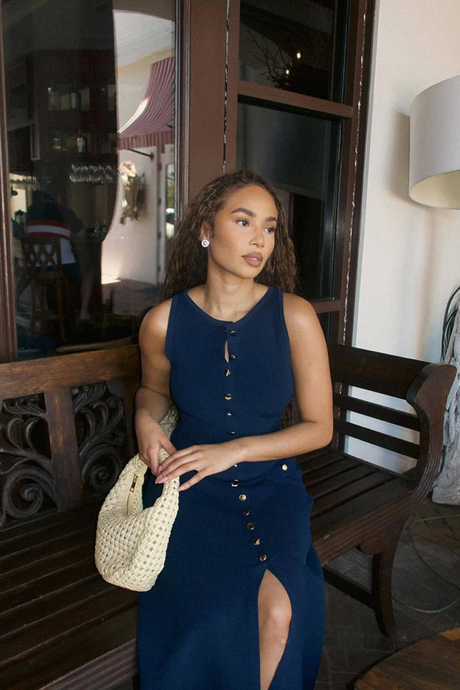 Sleeveless Button-Front Knit Maxi Dress