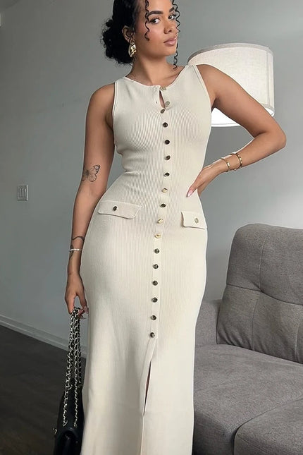Sleeveless Button-Front Knit Maxi Dress