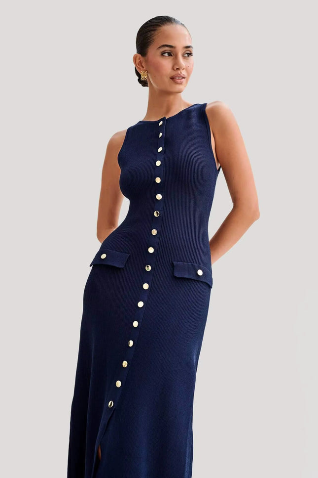 Sleeveless Button-Front Knit Maxi Dress
