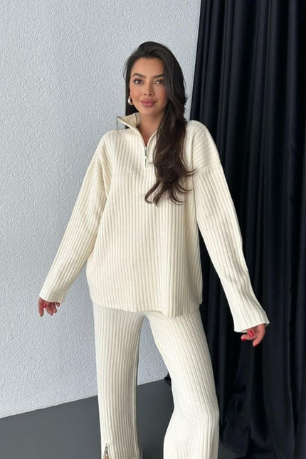 Ribbed Knit Two-Piece Set with Zipper Detail