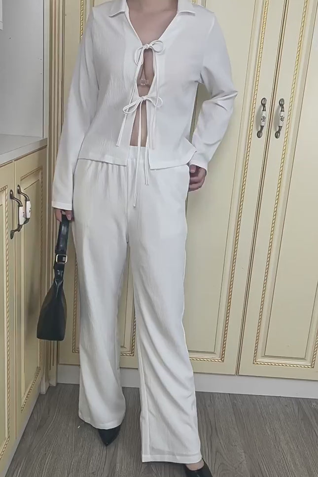 Lace-Up Shirt & Wide-Leg Pants Set